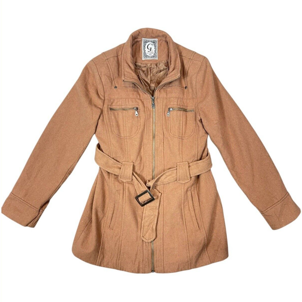 Guess Vintage 90s Trench Coat Women's XL Camel Wool Blend Quiet Luxury *FLAW*